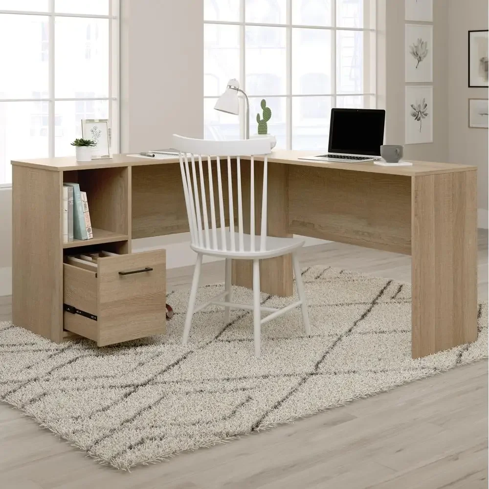 L-Shaped Wood Desk with File Drawer & Open Shelf in Summer Oak Finish Spacious Work Surface Organized Storage Beginnings