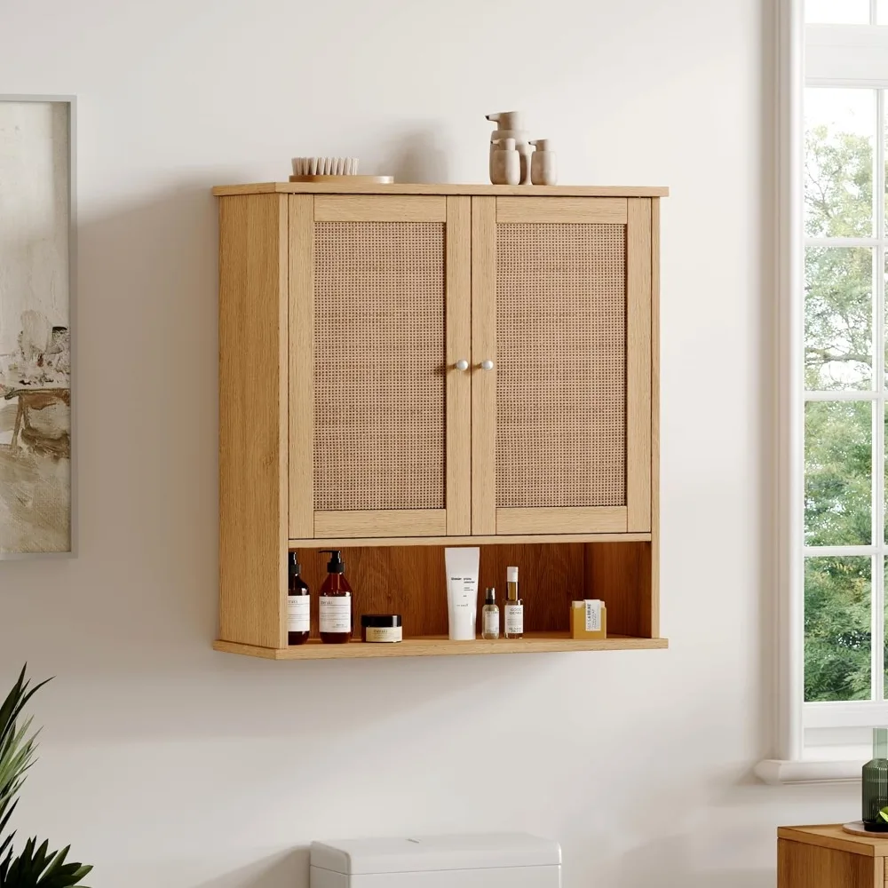 Botiquín de madera de dos puertas montado en la pared con estante ajustable para almacenamiento en el baño, escaparate multiusos