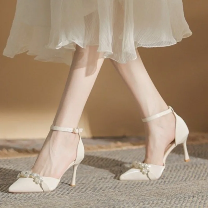 

Elegant White Pointed Toe High Heel Woman's Shoes 2026 Summer Pearl Ankle Strap Pumps Woman's Dress Pumps