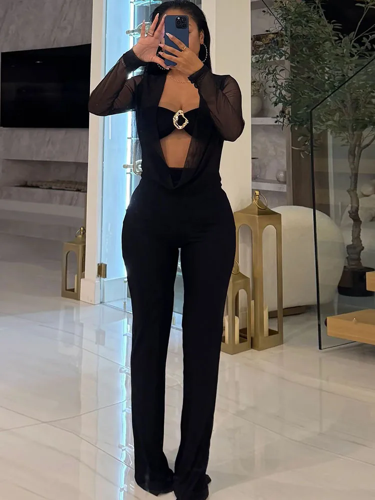 

Weird Puss Бюстгальтер Лоскутный Комбинезон Женский Полая Металлическая Пряжка Сексуальная Сетка Полный Рукав Уличная Одежда Элегантный Весенний Трендовый Тонкий Комбинезон