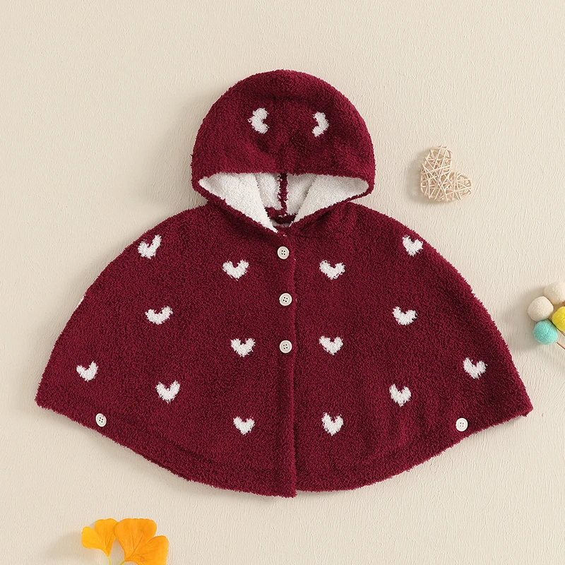 Toddler Girls Warm Hooded Poncho with Heart Print Crew Neck Button Down Stylish Coat for Winter Season