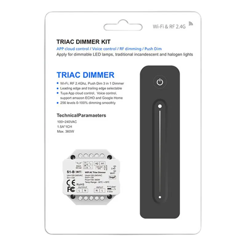 WiFi & Zigbee RF AC Triac Dimmer APP Switch لون واحد 2.4G RF LED Controller S1-B CH * 1.5A RF + Push AC Dimmer S1-B(WT)