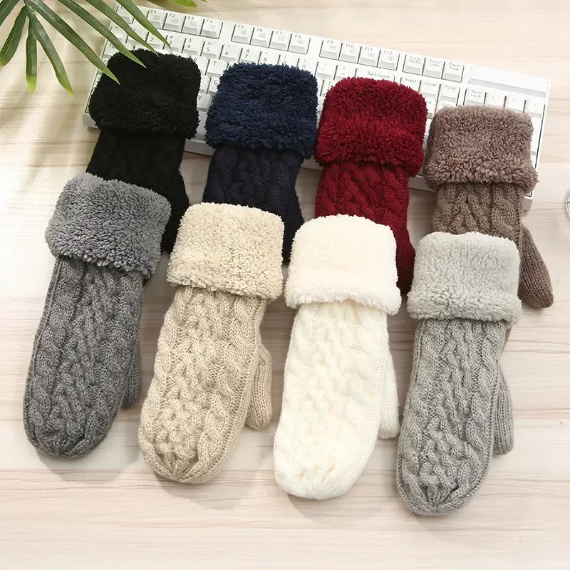 Women Fashion Knit Twist Flowers Mittens Winter Female Wool Plus Cashmere Velvet Thickening Warm Full Finger Gloves Guantes