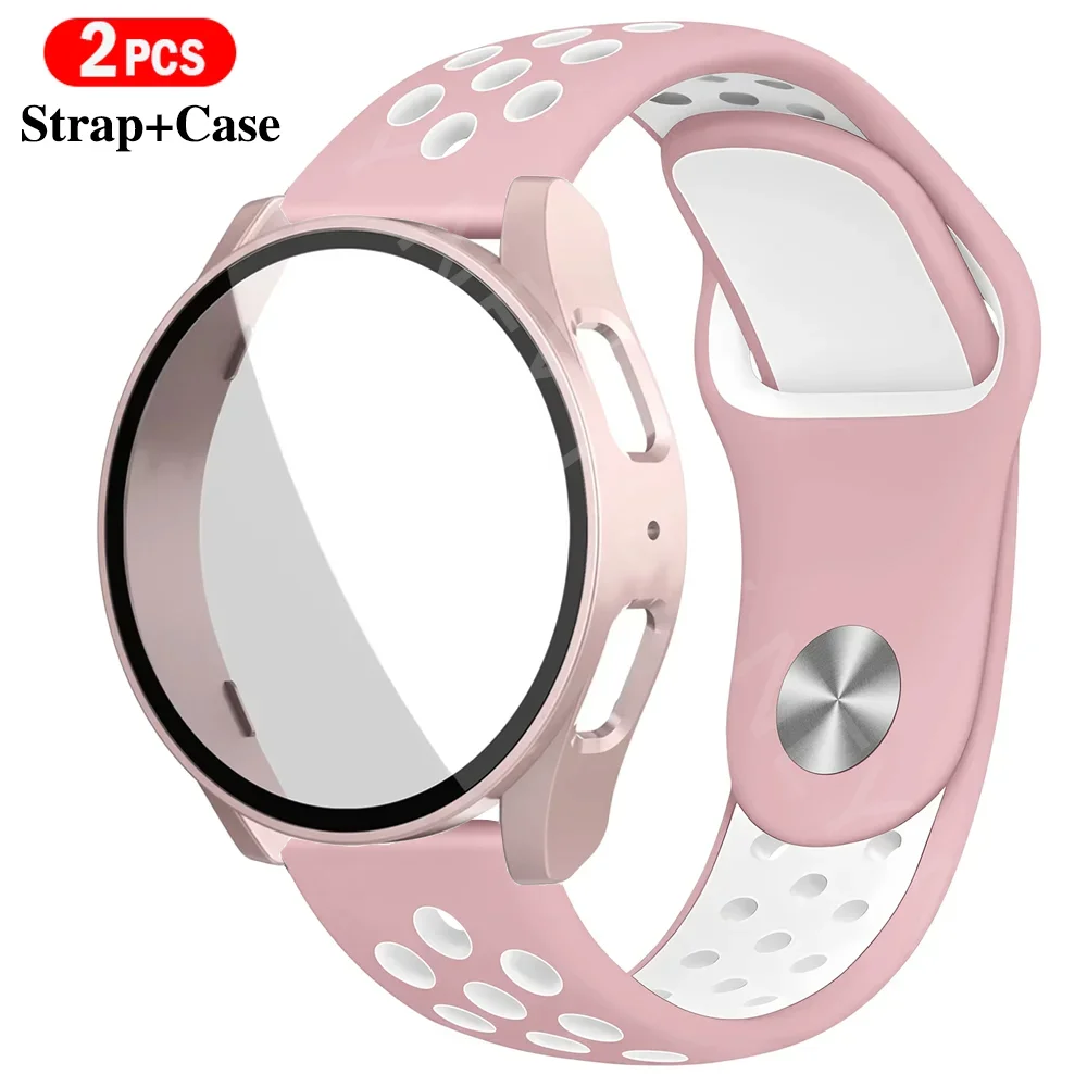 Silikonarmband + Hülle für Samsung Galaxy Watch 7 6 5 4 40 mm 44 mm 2er-Pack PC-Abdeckung + gehärtetes Glas + Sportlocharmband für 20-mm-Bänder