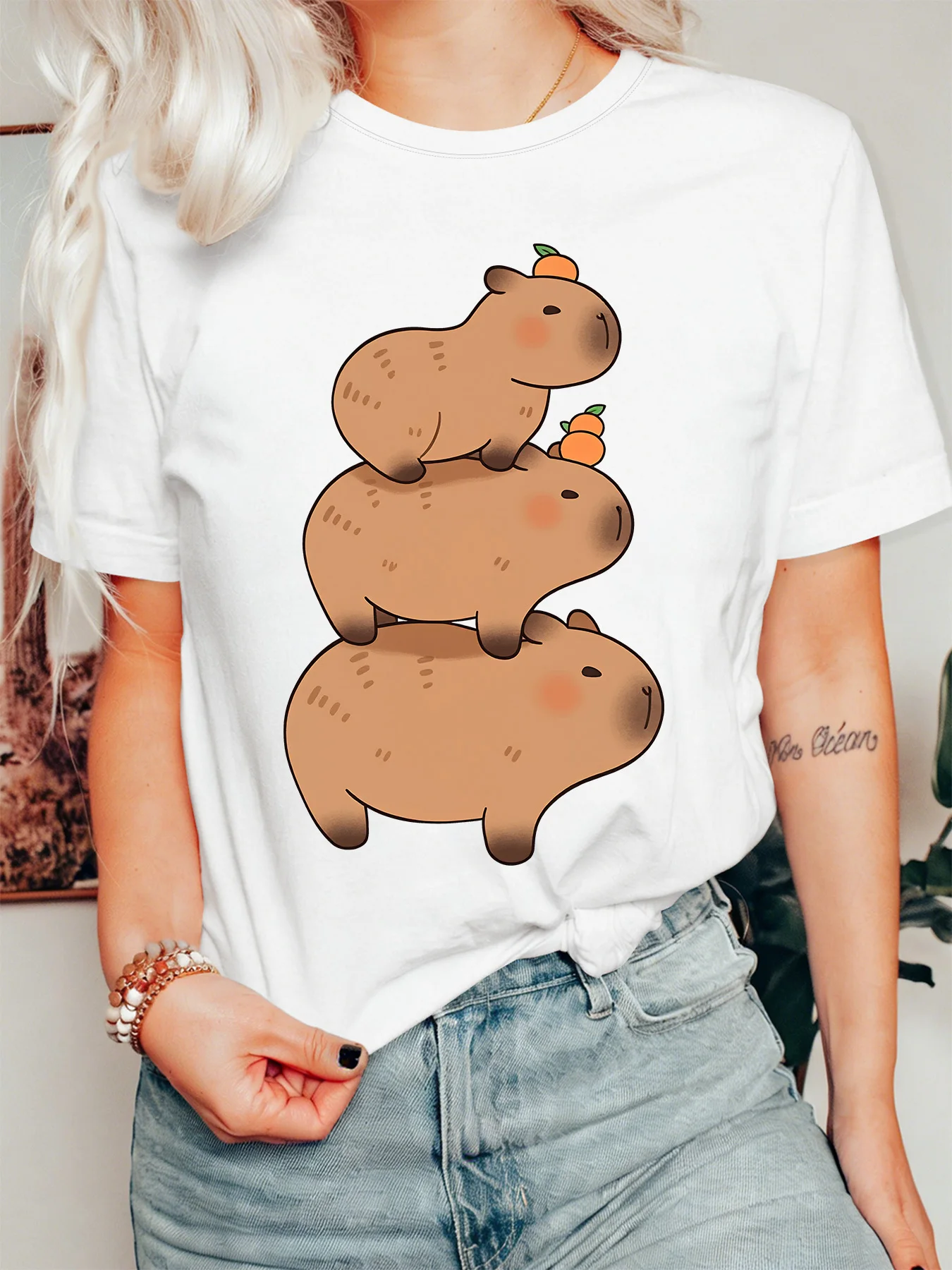 Adorable Stacked Capybaras With Orange Womens T Shirt Kawaii Animal Cartoon Graphic Tee Short Sleeve Casual Daily Ladies Tops
