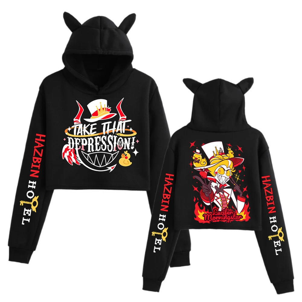 Hazbin Hotel Lucifer Diseño gráfico Crop Tops Sudadera Manga larga Crop Tops Niñas Moda Sudadera con capucha
