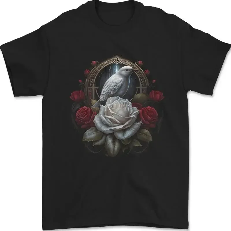 Ein Vogel Und Rose Vorne Eines Gothic Spiegel Herren Maglietta 100% Baumwolle