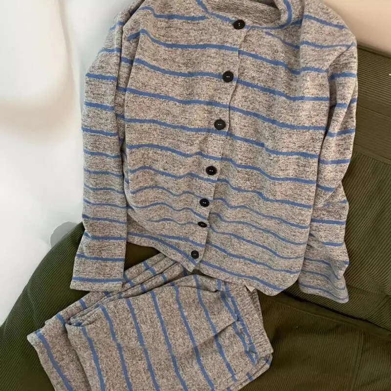 

Женские пижамы в полоску с принтом, домашняя одежда, утепленная верхняя одежда больших размеров для девочек на весну, осень и зиму, теплая женская одежда для сна, костюм