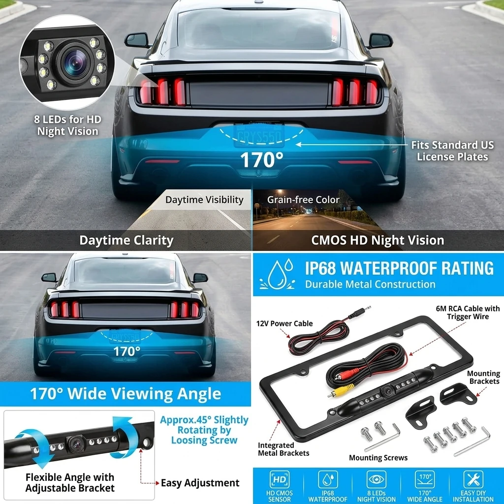 번호판 후방 카메라 170 °   광각 8개 LED 야 - License Plate Backup Camera Frame Mount 리뷰 및 가격