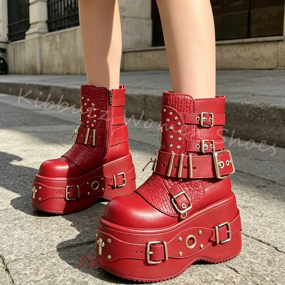 Women Biker Ankle Boot Platform Leather Multi Buckle Straps Side Zipper Rivets Studded Chunky Motorcycle Boots Fashion Punk Rock