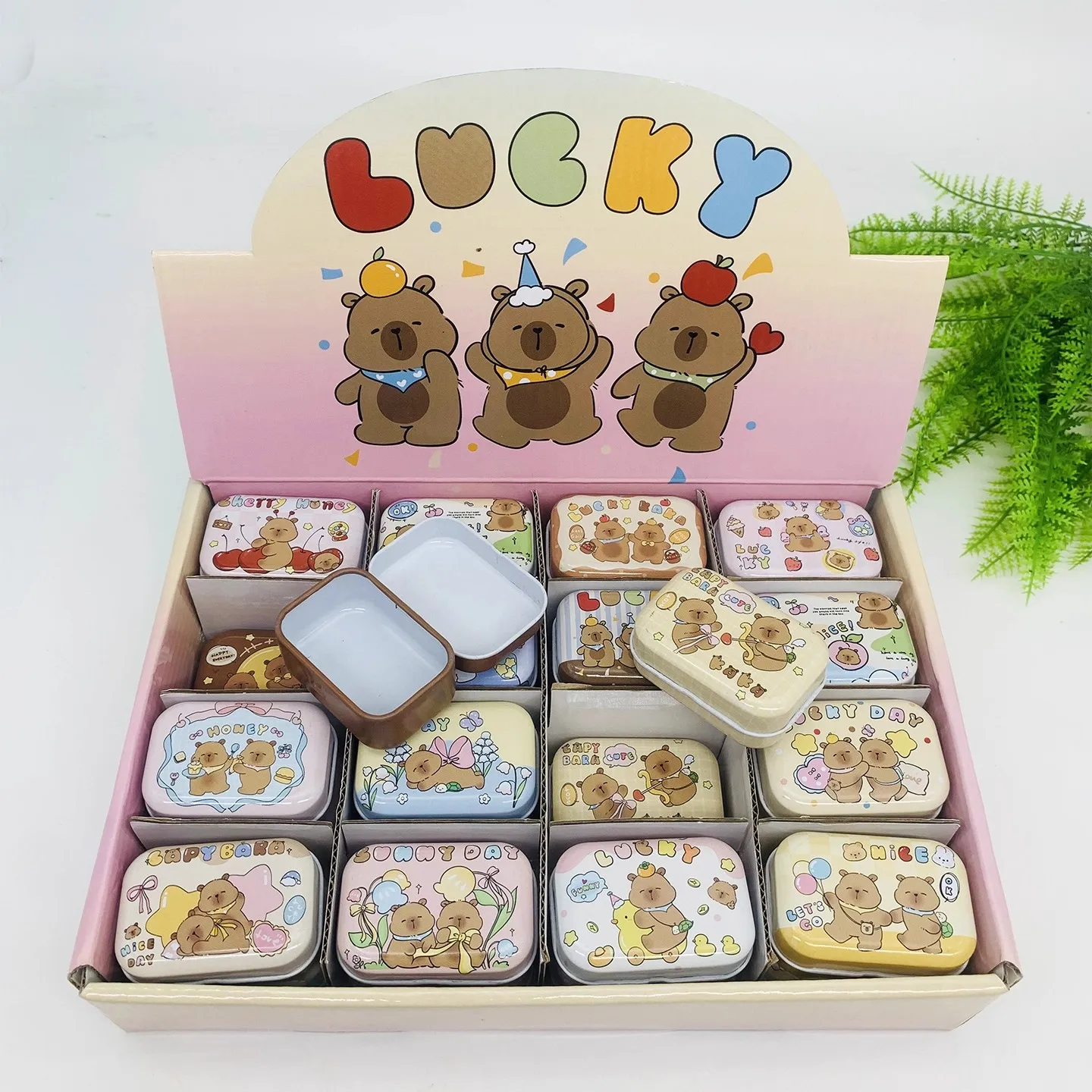 

32Pcs(1 Box) Cartoon Bear Animal DIY Mini Cover Iron Tin Earphone Ring Metal Case / Can/Pill Cute Small Kit/Candy Storage Gift
