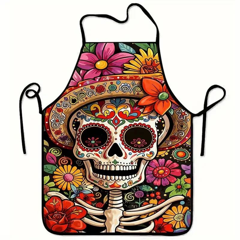 1pc Mexican Day of the Dead Sugar Skull Print Apron, Unisex Kitchen Apron for Baking, Cooking, Crafts Party Costumes