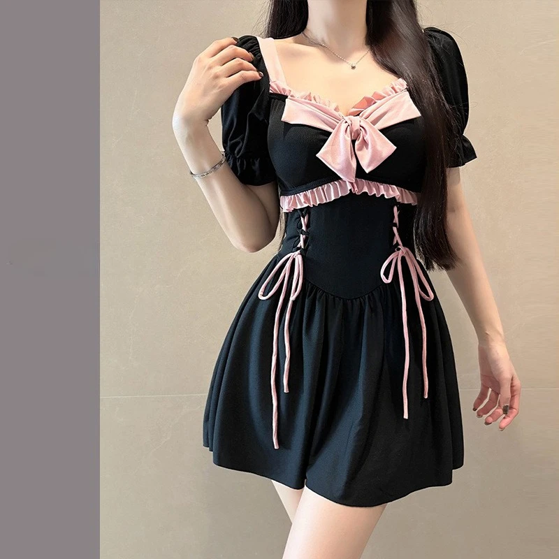 

sexy black pink bow short sleeve swimsuits one piece lace up bodysuits mini dress culottes bikinis padded swimwear beach outfits