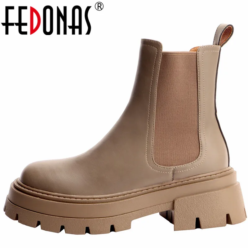 FEDONAS Platforms Thick High Heels Women Ankle Boots Leisure Casual Outdoor Round Toe Genuine Leather Autumn Winter Shoes Woman