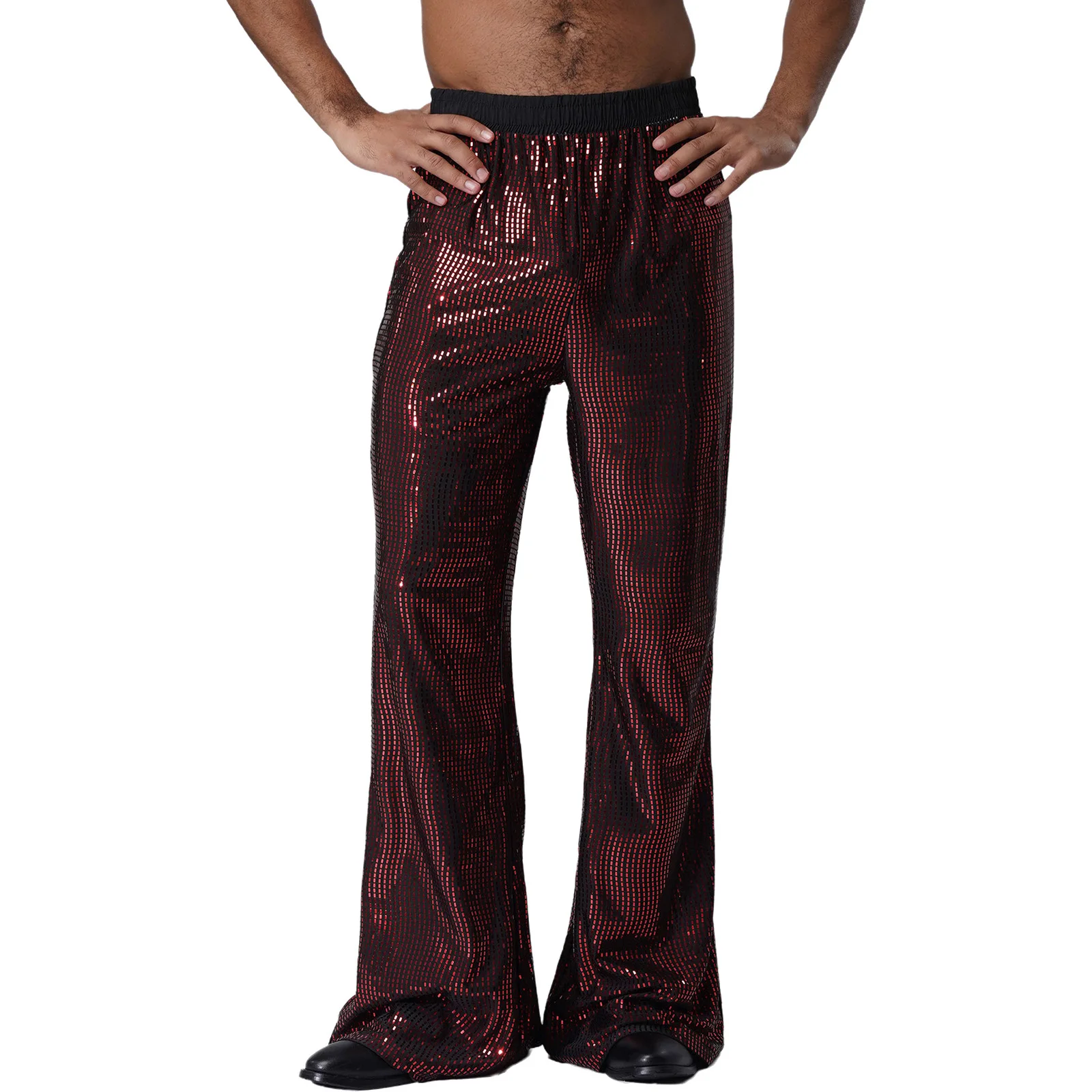 Mens Glittery Sequin Flared Pants Elastic Waist Bell Bottom Long Pants Trousers Clubwear Rock Music Party Jazz Dance Costume