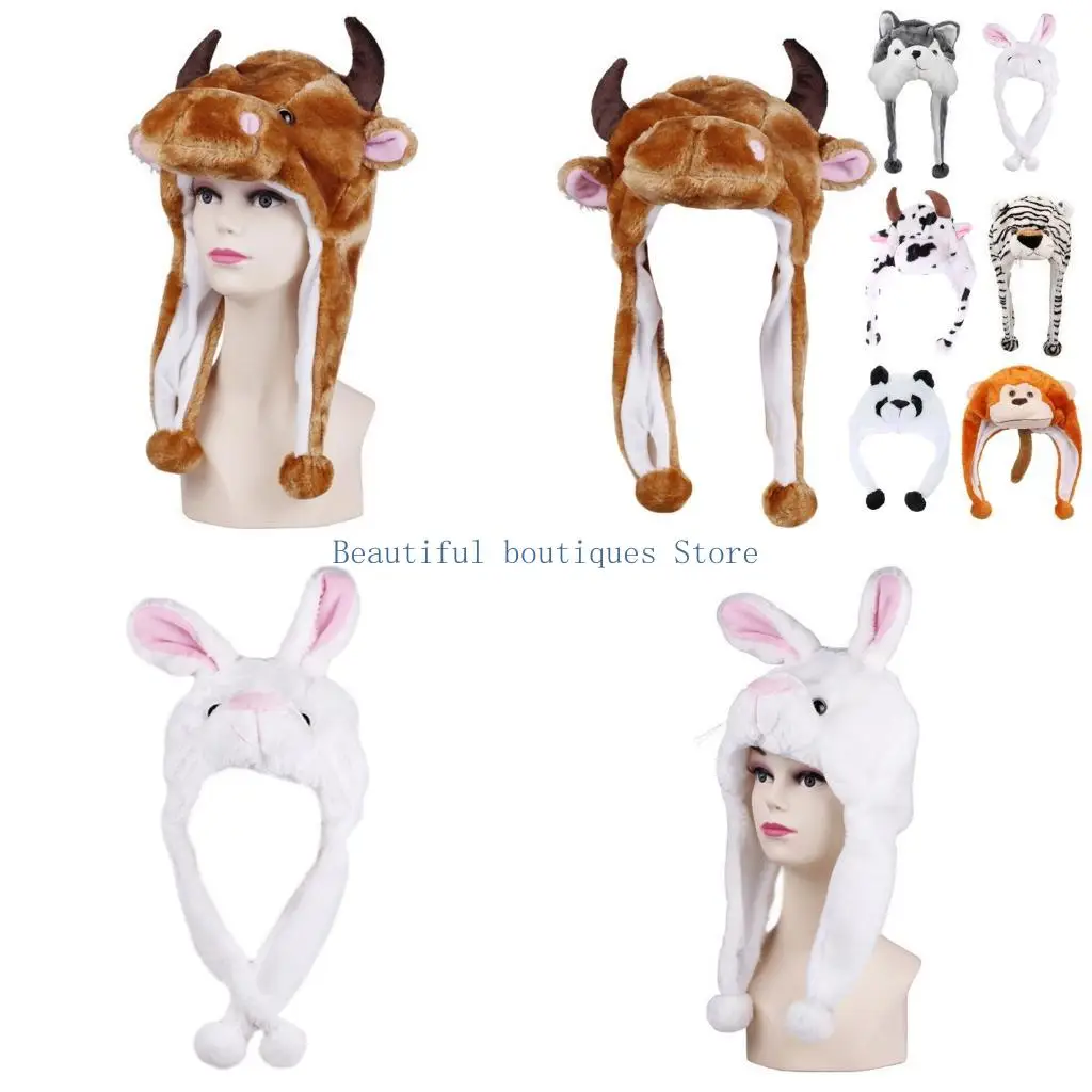 u4lf-warm-hat-with-ear-flaps-funny-party-stuffed-animal-toy-fleece-cap-for-kids-adult