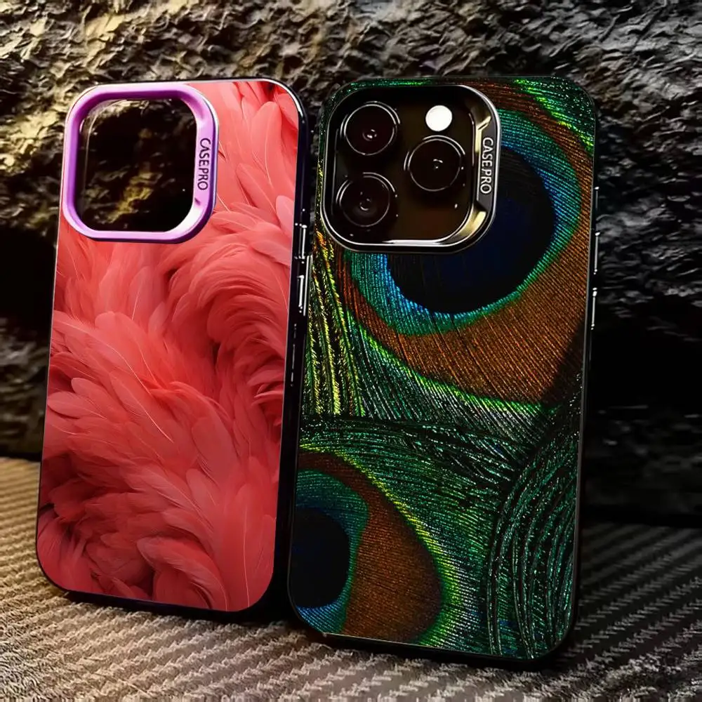 

I-Iridescent F-Feathers Phone Case For iPhone 17,16,15,14,13,12,11 Plus,Pro Max,XS,Colored Silver Plated Inside Cover