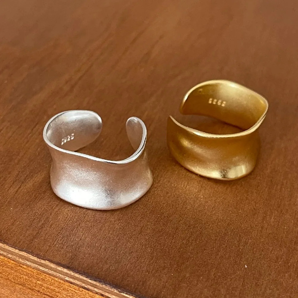 BF CLUB Anillos de Plata de Ley 925 para Mujer, Anillo Abierto Simple Vintage Dorado Ancho y Plano, Hipoalergénico, para Fiesta, Regalo de Cumpleaños
