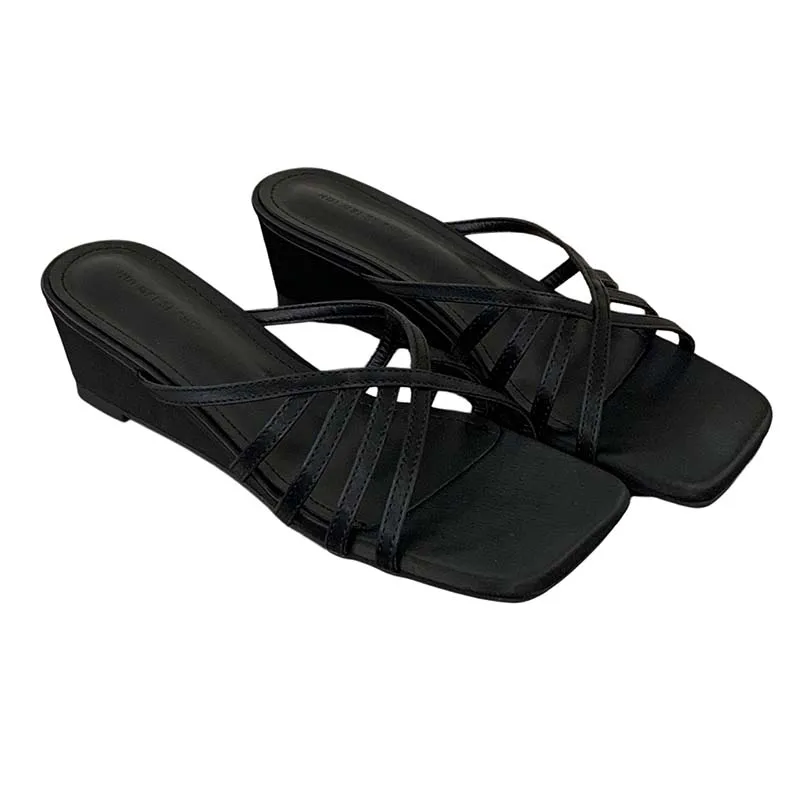 

5cm Wedges Heels For Woman Slippers Brown Sandals Summer Narrowband Ladies Shoes Casual Black Wedge Sandals