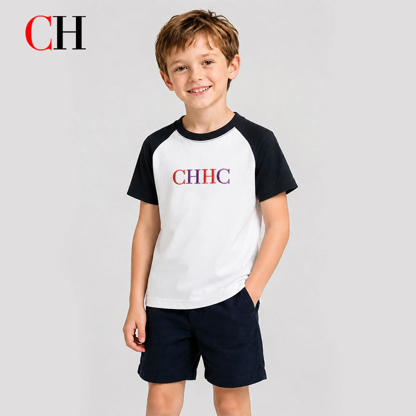 CH Boys Raglan T Shirt Short Sleeve Letter Print Color Block Crew Neck Casual Summer Tee Kids Children Tops