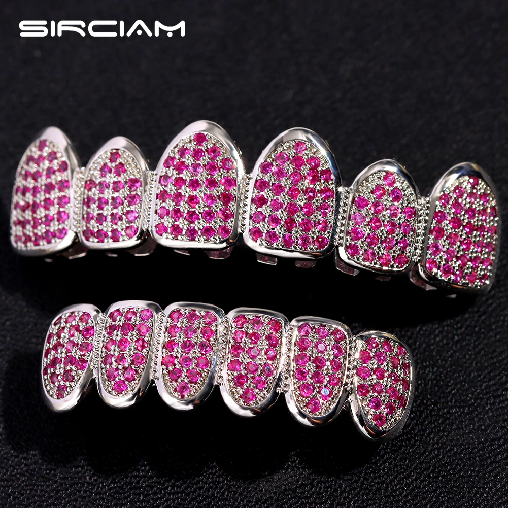 Hip Hop Pink Rhinestones Zircon Teeth Grillz For Men Women Iced Out Cubic Zircon Pave Top & Bottom Teeth Set Dental Jewelry Gift