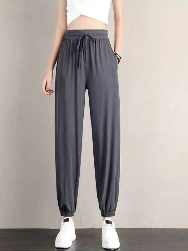Ice Silk Mosquito-Resistant Summer Thin Women's Pants Loose Cuffed Black Sports Lantern Pants Asymmetric Commute Style High W...