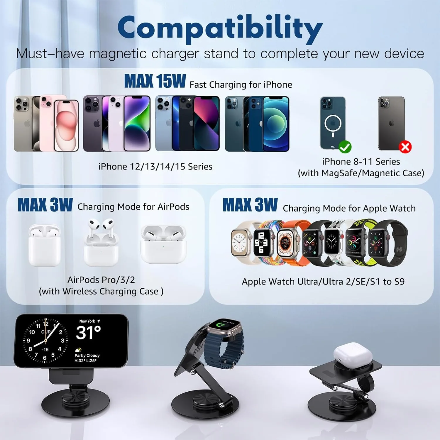 2 in 1 Magnetic 15W Fast Wireless Charger Foldable rotate Station For iPhone 15 14 13 12 Apple Watch Ultra SE 9 8 7 Airpods Pro