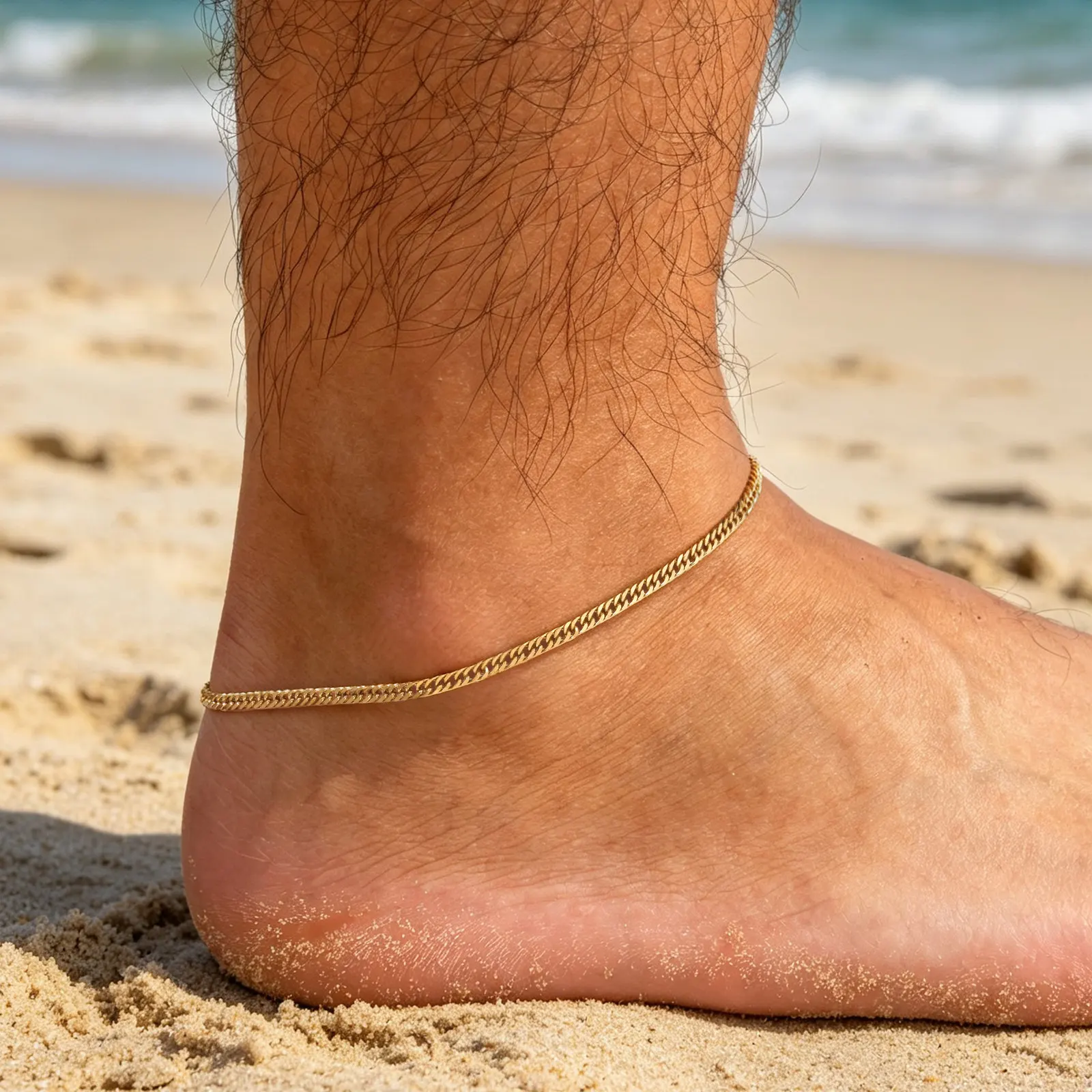 Vnox Edelstahl Fußkettchen in Goldfarbe für Männer, Verstellbare Gliederkette, Wasserdichter Strand-Fußschmuck, Urlaubsgeschenk – Detail 5