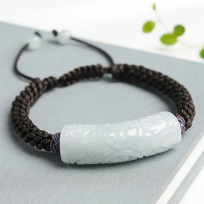 

Natural Grade A Jade Jadeite Bangle Men Women Lucky Carved Bend Tube Cord Braided Bracelet