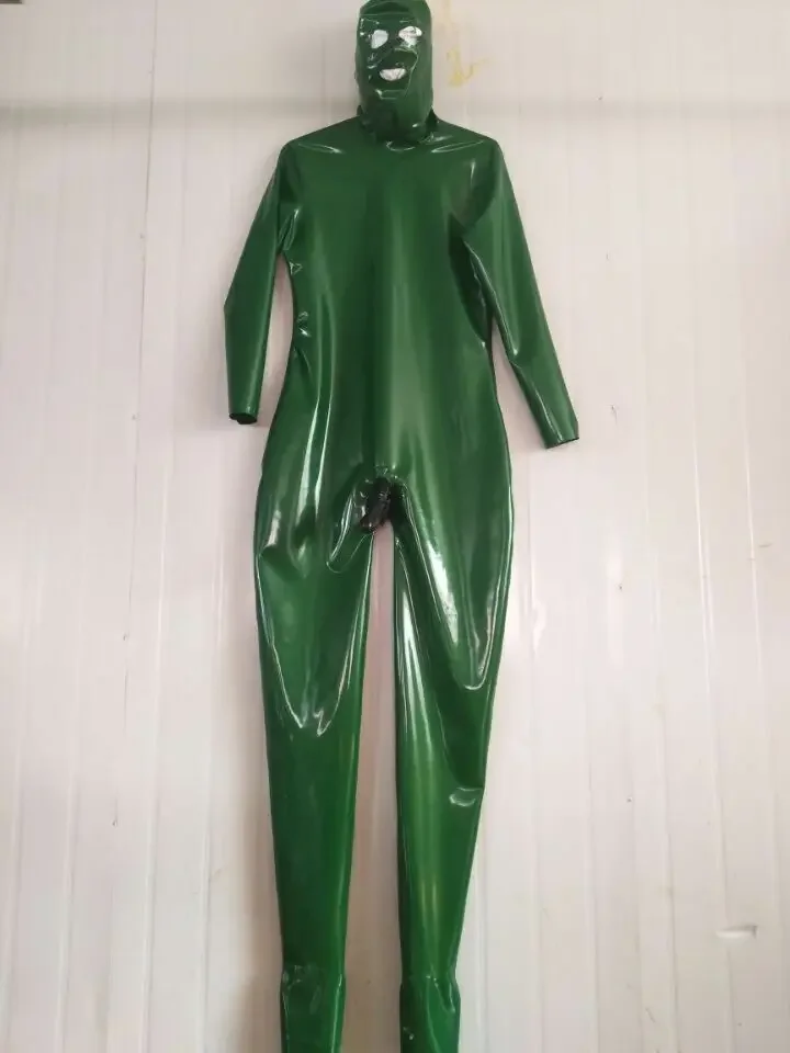 Latex rubber tight fitting jumpsuit, metal green overall role-playing    0.4mm S-XXL