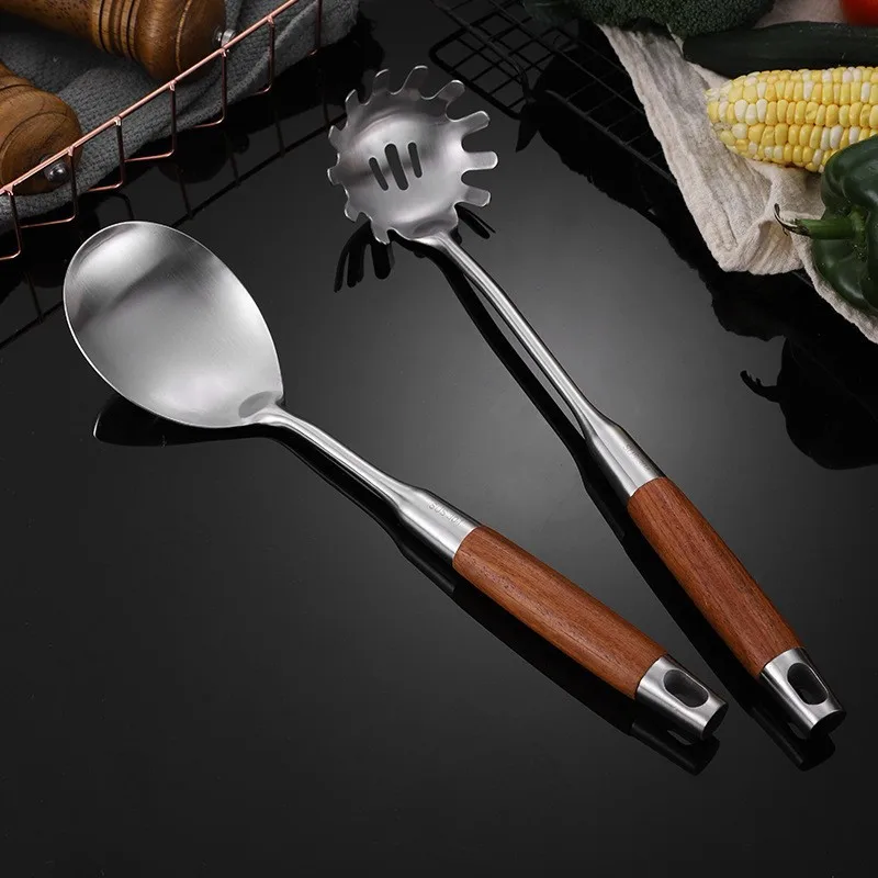 304 Stainless Steel Rosewood Soup Spoon, Rice Noodle Colander, Cooking Pot, Ladel Full Set