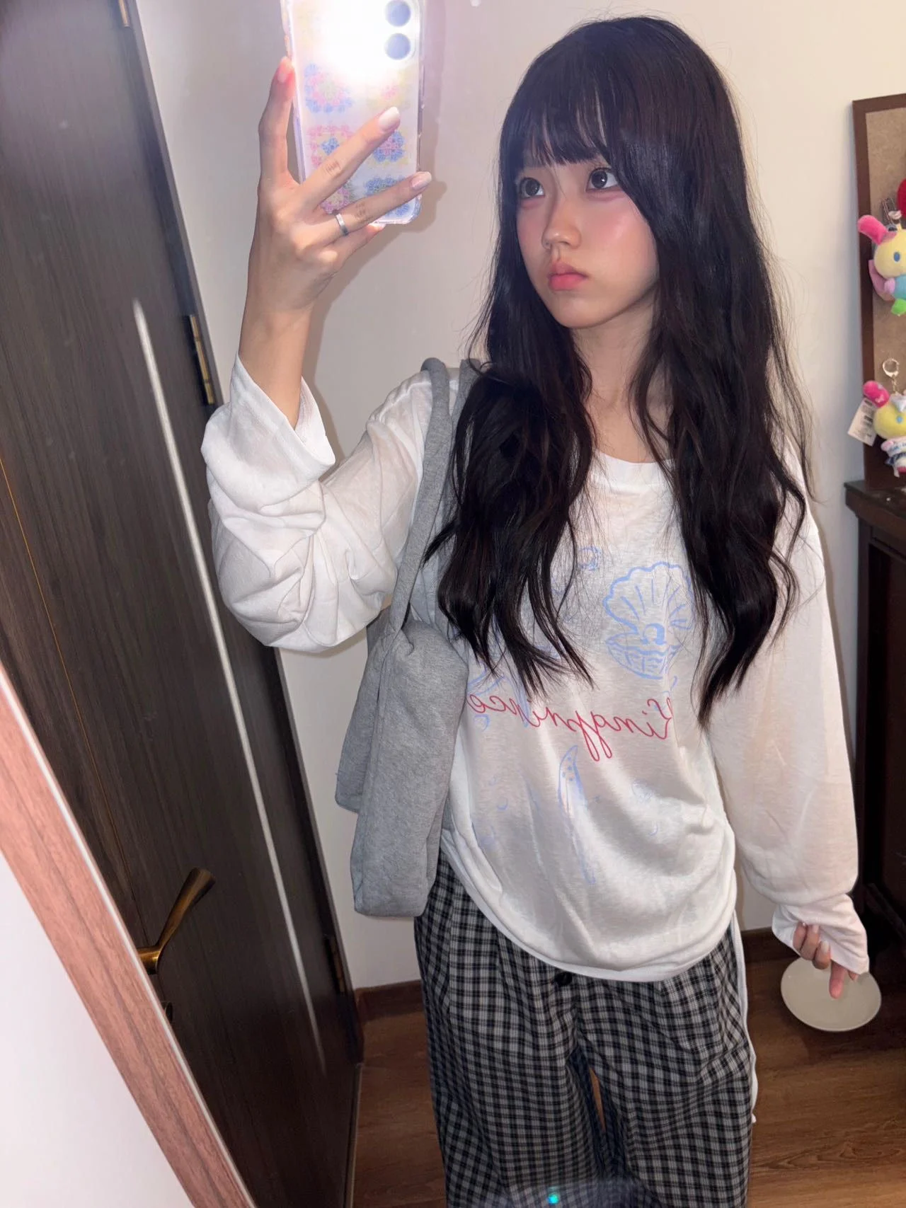 Hot Girl Style Long Sleeve T-Shirt Women Loose Fit Printed Shoulder Bared Micro Transparent Drawstring Star  Pattern Top