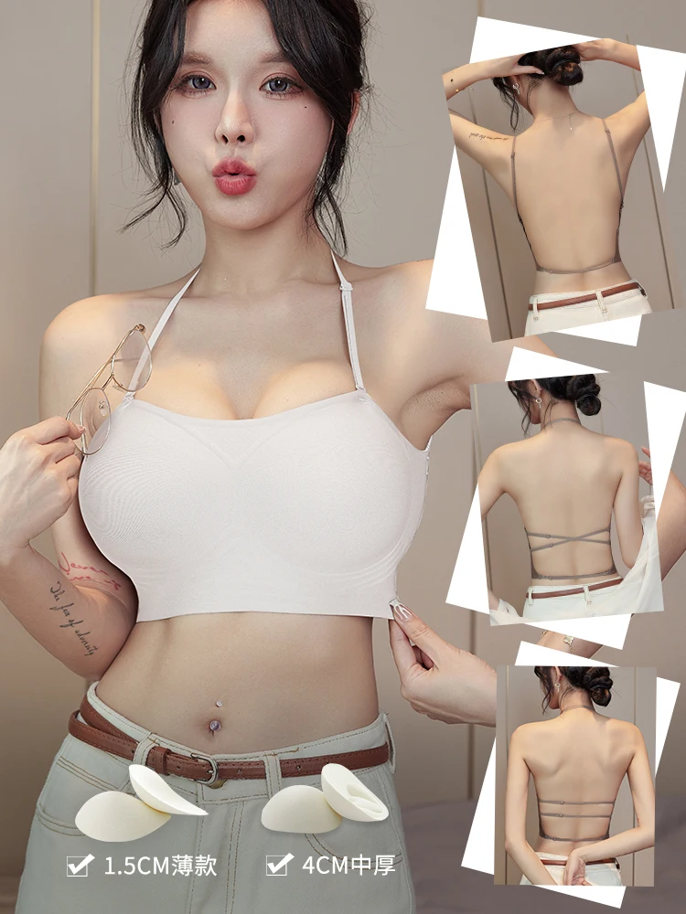 MOYISU حمالة صدر بدون ظهر ورقبة رسن على شكل حرف U وظهر عميق مبطن للصدر الصغير، حمالة صدر صيفية لاصقة غير مرئية بدون حمالات