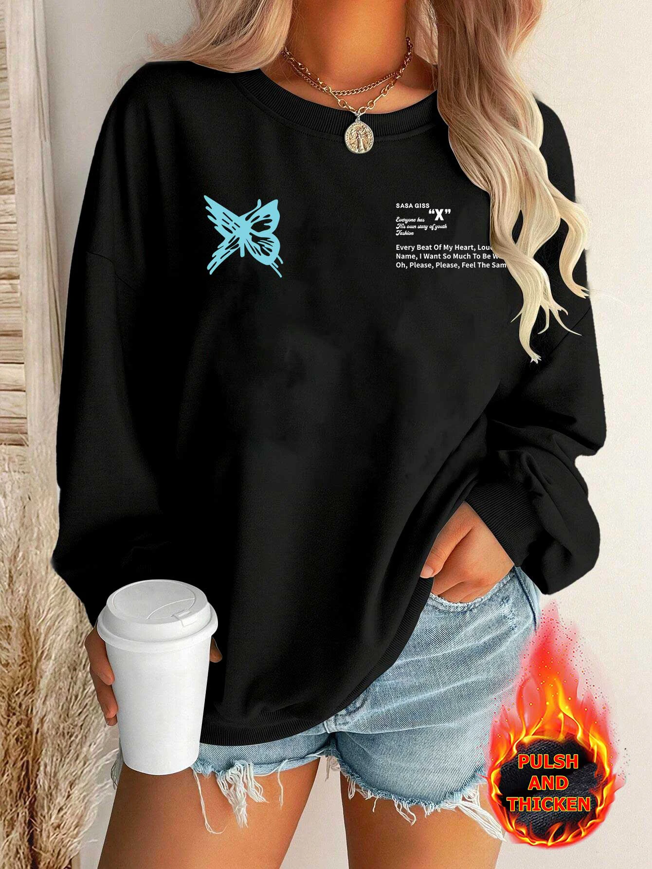 

Elegant Women Cotton Hooded Crew Neck Essentials Sweatshirts Blue Butterfly Printed Casual Pullover Winter Clothes Women