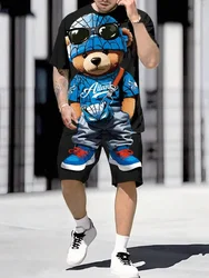 Cartoon Bear Print Street Fashion Men's Short Sleeve Sets Summer Everyday Casual Men's T-shirt Outdoor Sports Men's Beach Shorts