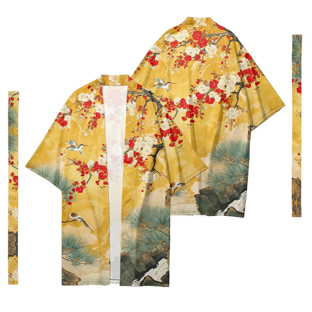 Kimono Samurai Yukata, Kimono mode Jepang, Kimono panjang Unisex, Haori, Retro, kardigan, cetakan lanskap, musim gugur