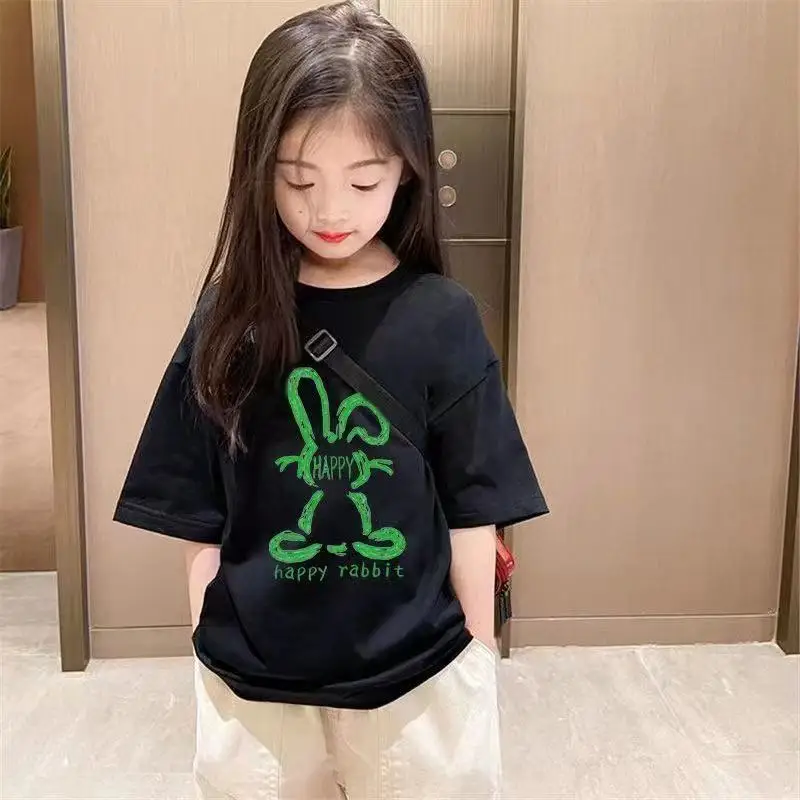 Children's Short Sleeve T-shirt for Girls  Summer New Children's Summer Clothes Foreign Style Rabbit Print Top Pure Cotton Tide