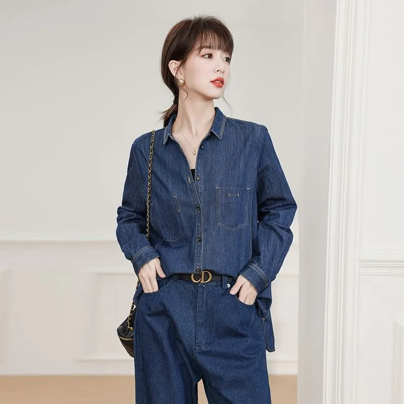

Autumn New Style French Solid Color Denim Shirt Commuting Loose Lapel Long-sleeved Button Cardigan Work Style