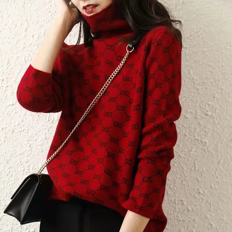 Autumn Winter Fashion Vintage Knit Thick Sweaters Women Clothing Y2k Letter Jacquard Turtleneck Tops Soft Wool Pullovers