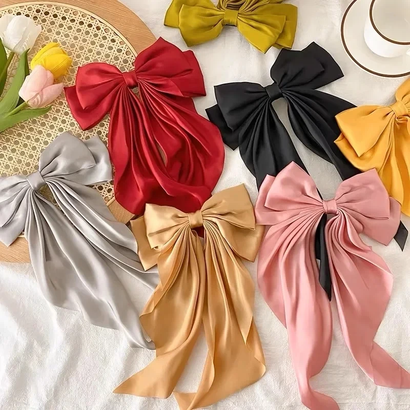 1 Piece Elegant Large Satin Bow Hair Clip Women Girl Black Pink Spring Clip Hair Pin Retro Headband with Clips Hair Accessories