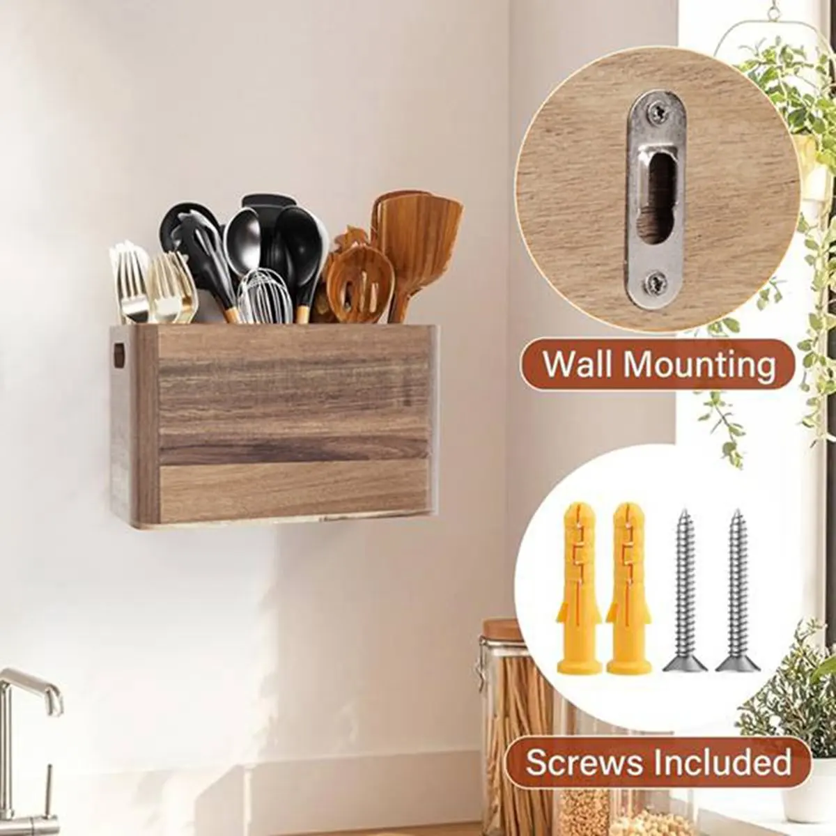 

New Extra Large Wooden Kitchen Utensil Holder Organizer - 3 Compartment Utensil Holder, Farmhouse Wooden Spoon Organizer