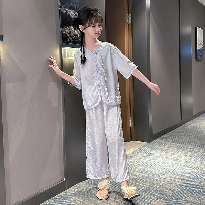 2026 Girls' New Sleepwear Children's Summer Pajamas Air Conditioning Summer Girls' Soft Short Sleeved Home Clothes Set ZJ11