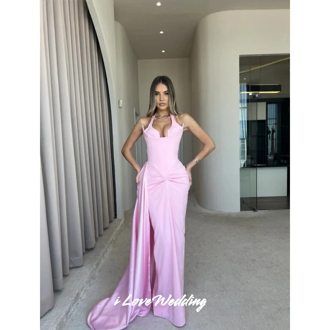 فساتين سهرة رسن وردي بدون أكمام حورية البحر عصرية بدون ظهر زائدة بطول الأرض مطوي فساتين حفلات الزفاف حسب الطلب