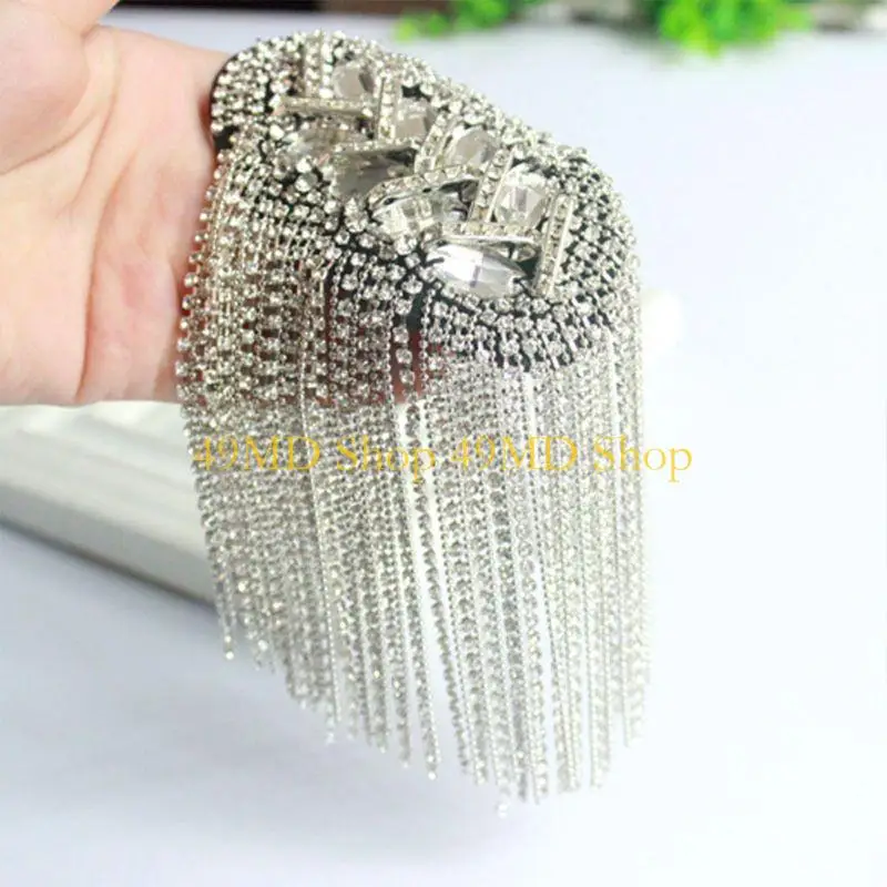 

49MD Women Men Silver Punk Fringe Shoulder Board Badge Vintage Glitter for Rhinestone Tassels Chain Epaulet Uniform Accessori