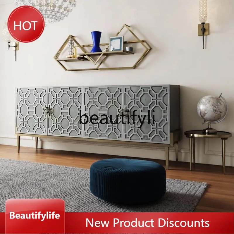 

07 American Style Solid Wood Entrance Cabinet Living Room Light Luxury Stainless Steel Sideboard Nordic Storage Cabinet