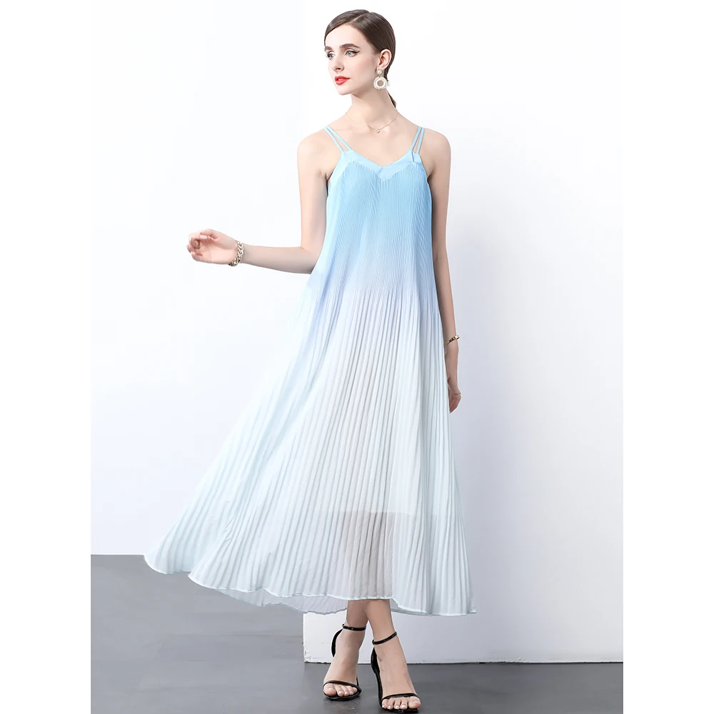 

Miyake Pleated Summer Women's Clothing Gradient Blending Small Suspender Pleated Dress Elegant Pleated Organ Banquet Costume