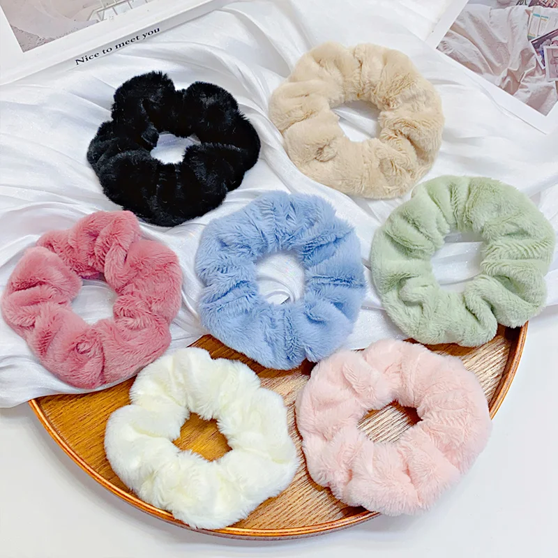 Solid Soft Plush Wide Hair Band For Women Girls Ponytail Holder Hair Tie Fluffy Rubber Band Scrunchie Fashion Hair Accessories