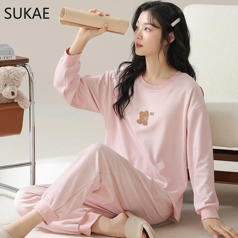 SUKAE Spring New Women Pajamas Set Casual Girls Sleepwear Leisure Loungewear Lady\'s Pijamas Long Sleeves Faux Cotton Nightwear