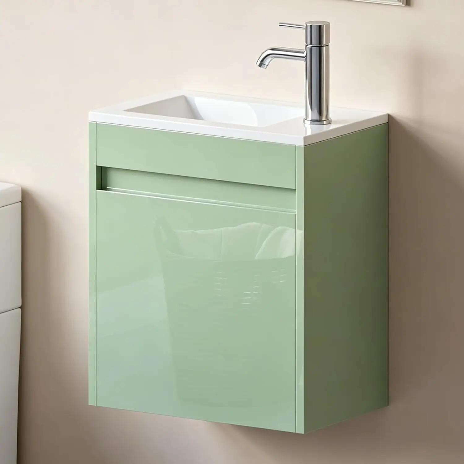 

16" Floating Bathroom Vanity Sink Wall Mounted Resin Basin Cabinet High Gloss Green Faucet Drain, Customized