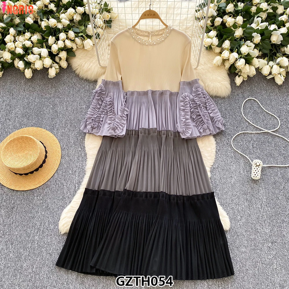 

Women's Summer Casual Ombre Satin Dress Fast Shipping Ruffle Sleeves Long Loose Pleated Floral Print Pattern-GZTH054
